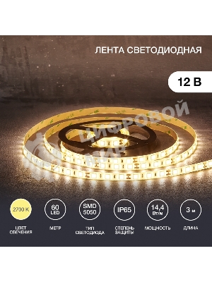 Лента светодиодная 3 м 12 В 5050 2700 К IP65 60 LED/м для БП с клеммами LAMPER