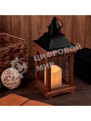 Декоративный фонарь Neon-night со свечкой, корпус из дерева, размер 14х14х35cм, теплый белый