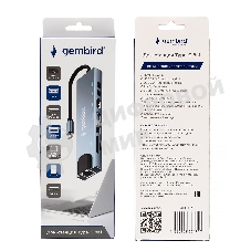 Концентратор USB Type-C Gembird UHB-D3, 8в1: USB2.0, USB3.1, Type-C PD87W, Type-C, HDMI, SD/TF, RJ45, кабель 20 см, алюминий