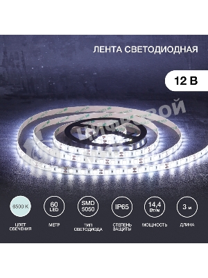 Лента светодиодная 3 м 12 В 5050 6500 К IP65 60 LED/м для БП с клеммами LAMPER
