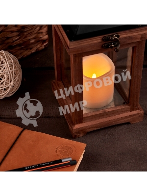 Декоративный фонарь Neon-night со свечкой, корпус из дерева, размер 14х14х35cм, теплый белый