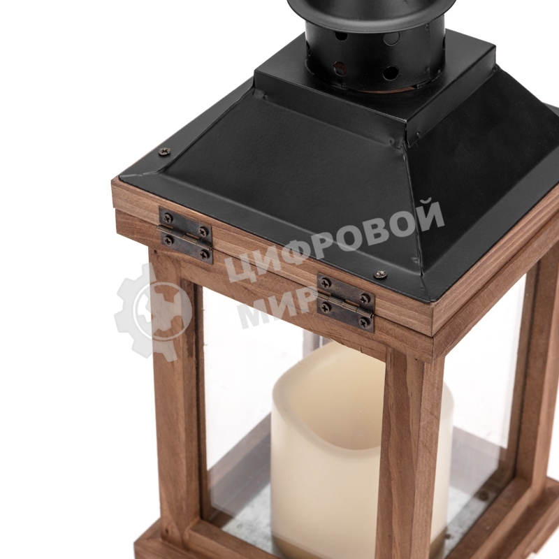 Декоративный фонарь Neon-night со свечкой, корпус из дерева, размер 14х14х35cм, теплый белый