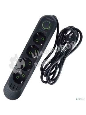 Сетевой удлинитель Amper , 2,0м, 4 розетки, 3*0,75мм, 10А, 2500 Вт, 3usb, черный.