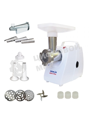 Мясорубка электрическая Аксион М33.04 белый, 1500 Вт, 1.7 кг/мин, реверс, защита от перегрузки, насадки - 5