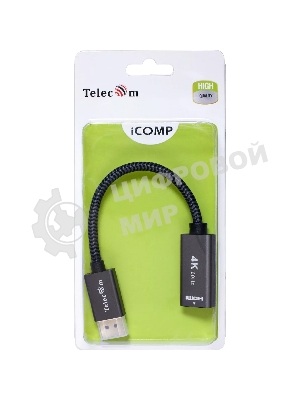 Кабель-переходник DP --> HDMI-F 0.2m, серый металлик, оплетка, 4K@60Hz, Telecom (TA560)