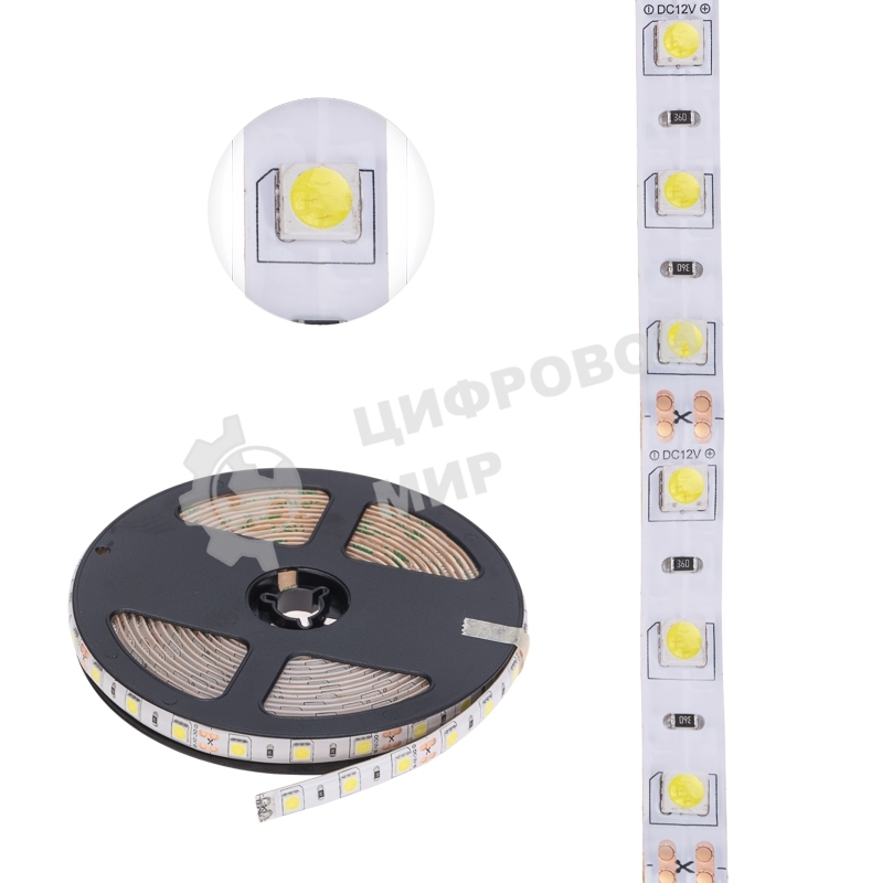 Лента светодиодная 5 м 12 В 5050 6500 К IP65 60 LED/м для БП с клеммами LAMPER