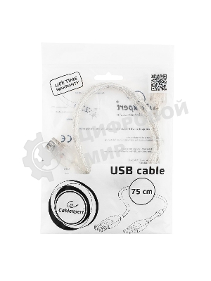 Кабель-удлинитель USB2.0 Pro Cablexpert CCF-USB2-AMAF-TR-0.75M, AM/AF, 0,75м, экран, 2феррит.кольца, прозрачный, пакет