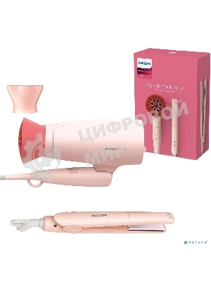 Набор для укладки волос Фен Philips BHP398/00 розовый, 1600 Вт, компактный + выпрямитель