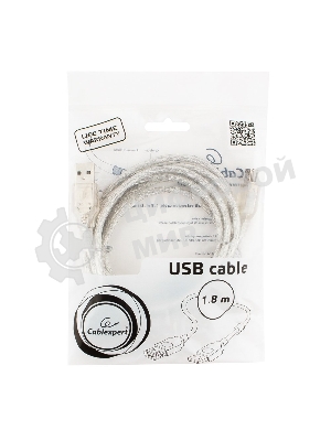 Кабель-удлинитель USB2.0 Pro Cablexpert CCF-USB2-AMAF-TR-6, AM/AF, 1,8м, экран, 2феррит.кольца, прозрачный, пакет