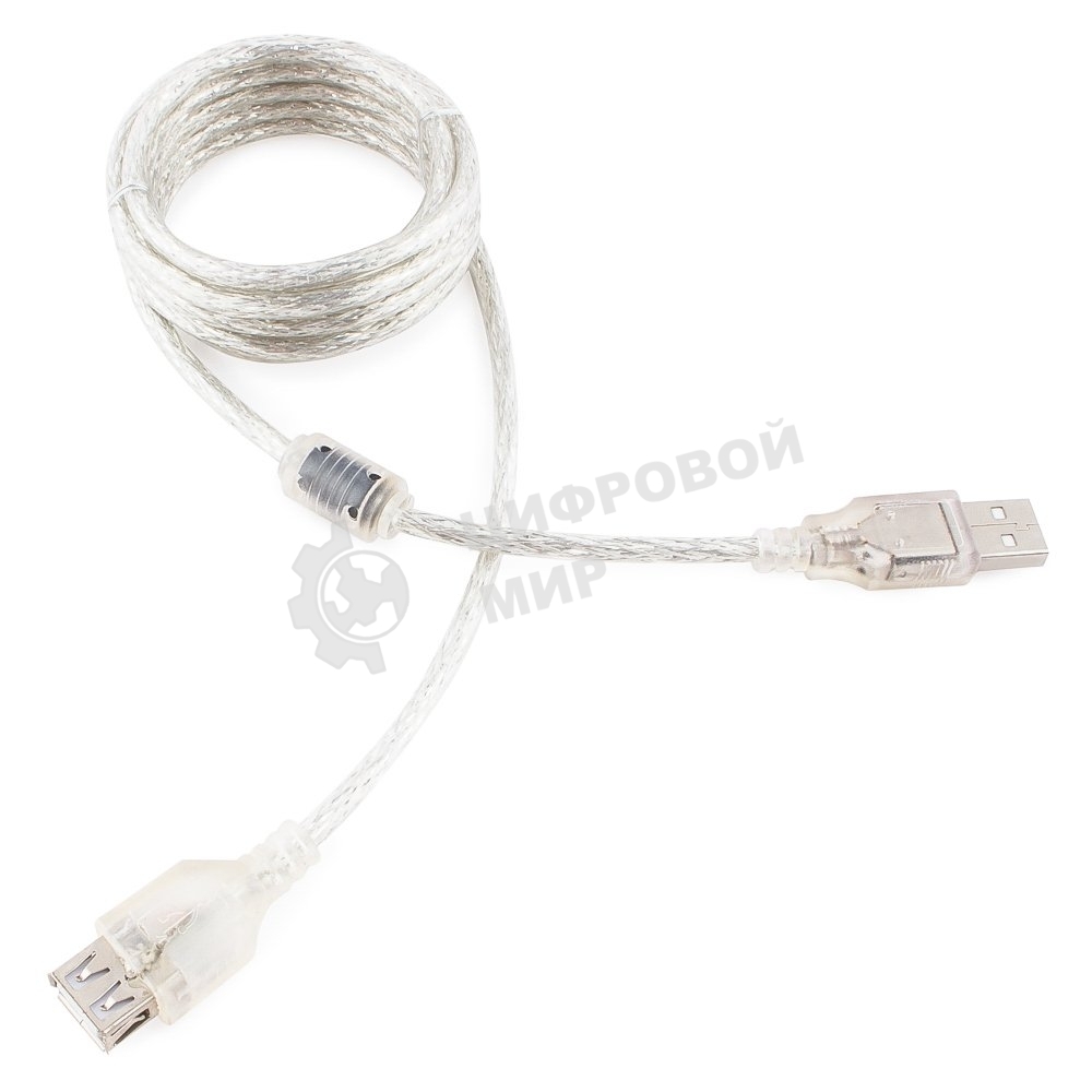 Кабель-удлинитель USB2.0 Pro Cablexpert CCF-USB2-AMAF-TR-2M, AM/AF, 2м, экран, 2феррит.кольца, прозрачный, пакет