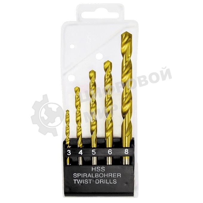 Набор Matrix нитридтитановых сверл по металлу, 3-4-5-6-8 мм, HSS, 5 шт., пласт. кор. цил. хвост.