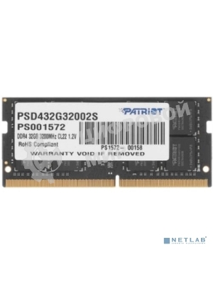 Оперативная память Patriot Signature, DDR4, 32GB (1x32 GB), 3200 MHz, CL22, SO-DIMM