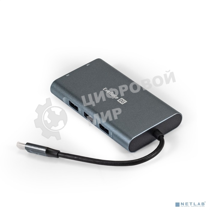 USB-концентратор ExeGate EX293985RUS DUB-31C/MAX (кабель-адаптер USB Type-C --> 3xUSB3.0 + Card Reader + PD 100W + HDMI 4K@30Hz + VGA + Audio + Lan RJ45 10/100/1000Mb, Plug&Play, серый)
