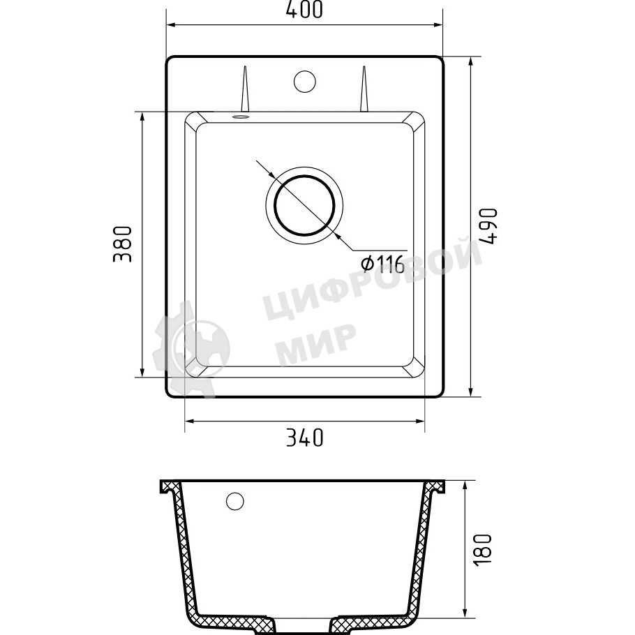 Мойка GRANFEST URBAN 240 1-чаша 400x490мм, монтаж: врезной, материал: кварц, черный