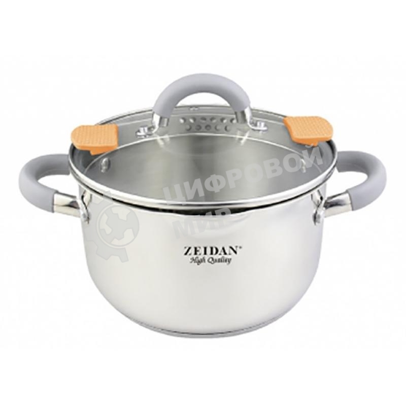 Кастрюля Zeidan Z-50291 5,0 л со сливом - 5.0 л (O22 см), нерж. сталь, внутренняя – матовая полировка, снаружи - комбинированная полировка, шкала литража, стеклянная крышка со сливом, 3-х СЛОЙНОЕ КАПСУЛИРОВАННОЕ ДНО. Подарочная упаковка с пластиковой ручкой.