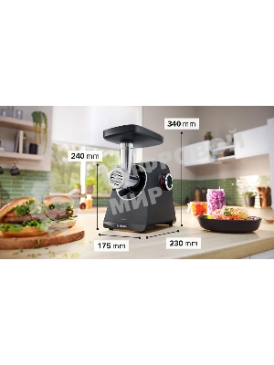 Мясорубка электрическая Bosch MFWS440B черный, 1900 Вт, 2.5 кг/мин, реверс, защита от перегрузки, насадки - 7