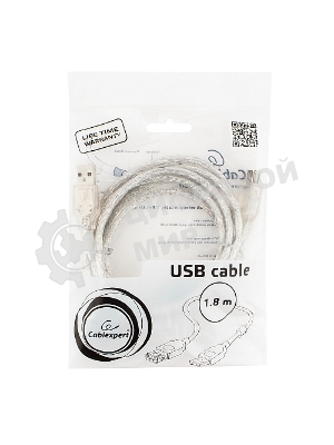 Кабель-удлинитель USB2.0 Pro Cablexpert CCF-USB2-AMAF-TR-6, AM/AF, 1,8м, экран, 2феррит.кольца, прозрачный, пакет