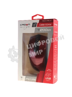 Мышь беспроводная Crown CMM-934W красный/черный, 1200 dpi, радиоканал, USB, кнопки - 4