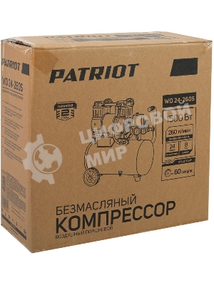 Компрессор поршневой безмасляный Patriot WO 24-260S, 260 л/мин, 8 бар, 1500 Вт, 24 л, быстросъемный 1/4