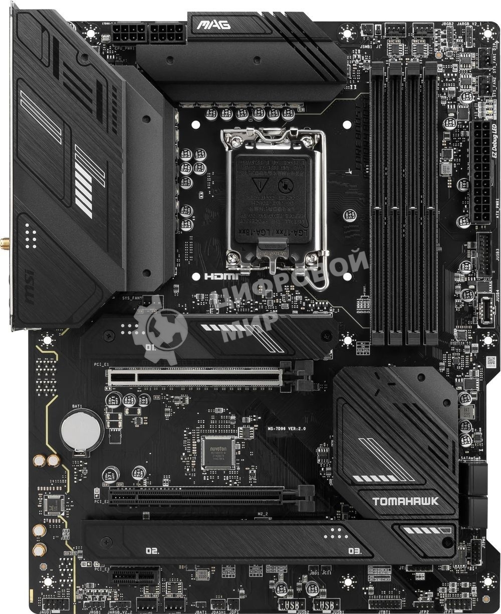 Материнская плата MSI MAG B760 TOMAHAWK WIFI, LGA 1700, Intel B760, 4xDDR5, 4xSATA, 3xM.2, 1xPCI-E 3.0 x4, 1xPCI-E 5.0 x16, 1xHDMI, 1xDP, 1xUSB Type-C, 1x2.5Gb LAN, 4xUSB-A 2.0, 4xUSB-A 3.2 Gen 2, 5x3.5 мм, 7.1, Standard-ATX