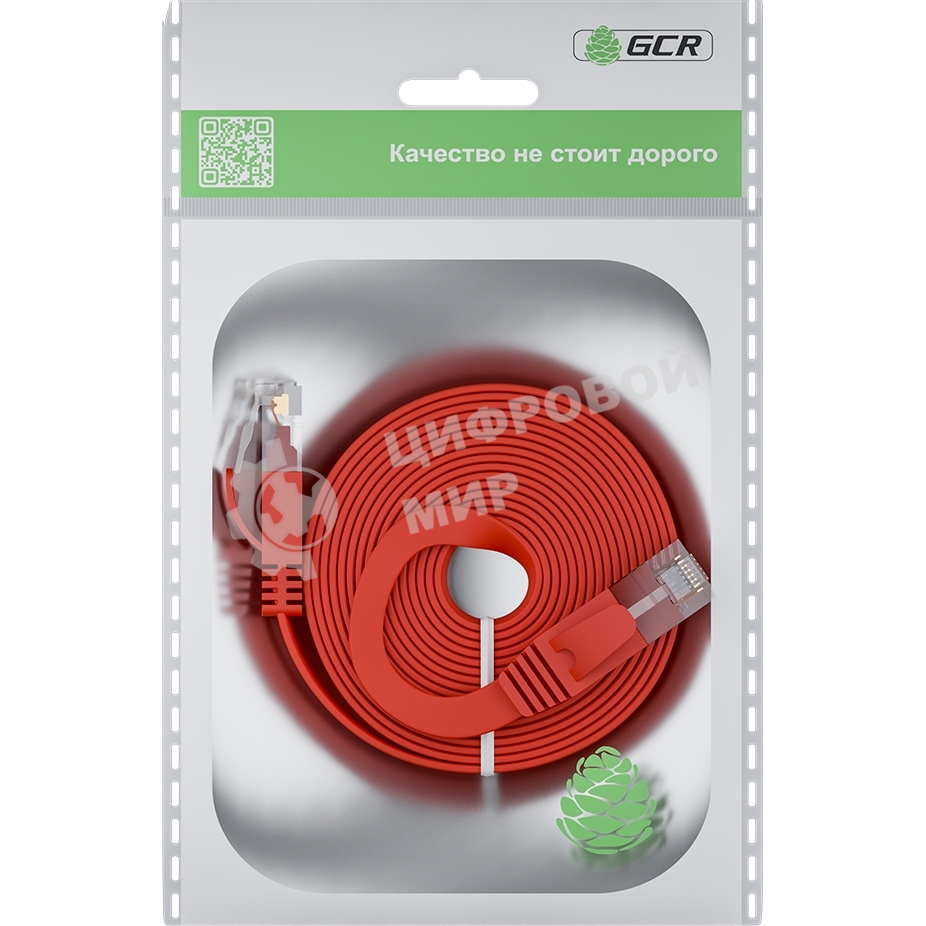 Патч-корд GCR PROF плоский прямой 2.0m, UTP медь cat.6, красный, 30 AWG, ethernet high speed 10 Гбит/с, RJ45, T568B, GCR-52859