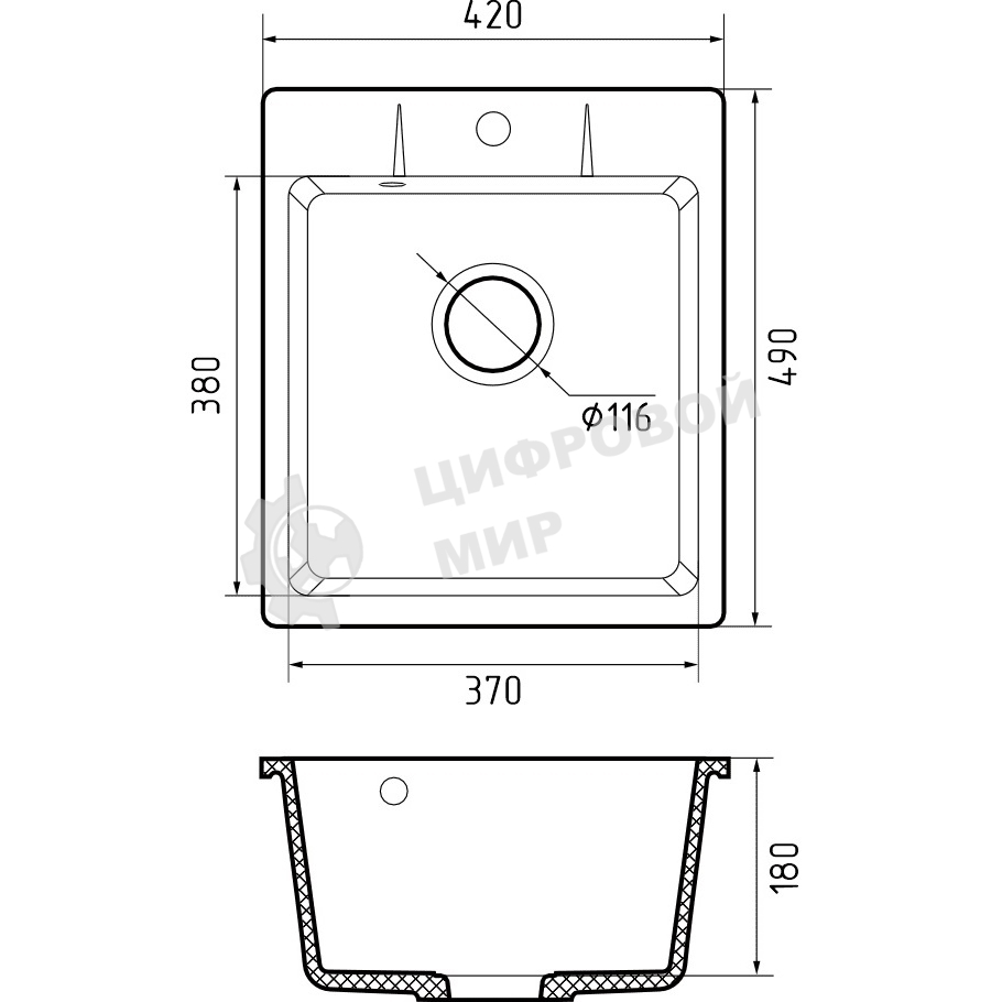 Мойка GRANFEST URBAN 242 1-чаша 420x490мм, монтаж: врезной, материал: кварц, темно-серый
