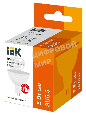 Лампа светодиодная IEK LLE-MR16-5-230-30-GU5 ECO MR16 5Вт 3000К теплый белый GU5.3 450лм 230-240В