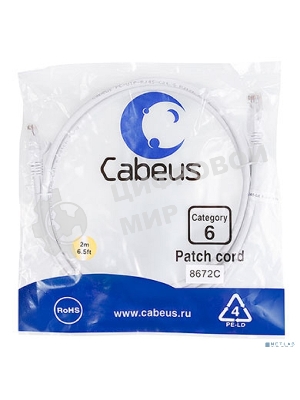 Шнур комм. Cabeus, кат. 6, неэкр., U/UTP, RJ45/RJ45, 250 МГц, PVC, AWG24, 2м, белый