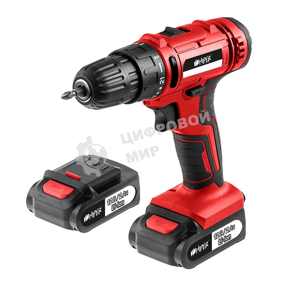Дрель аккумуляторная Hiper 12В, 30Нм, 2Ач, 2 скорости, 2 акк, Li-ion, БЗП 10мм, кейс