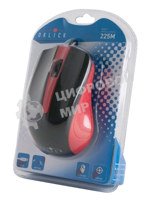 Мышь проводная Oklick 225M черный/красный, 1200 dpi, USB, кнопки - 3
