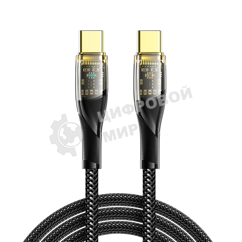 Кабель Rexant Type-C – Type-C, 5А, 100Вт, 1м, в черной нейлоновой оплетке со световой индикацией