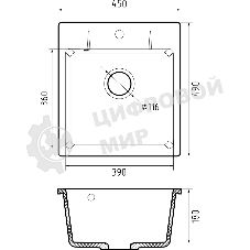 Мойка GRANFEST URBAN 245 1-чаша 450x490мм, монтаж: врезной, материал: кварц, черный