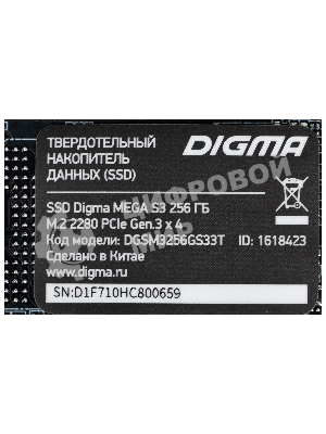 Накопитель SSD Digma Mega S3 DGSM3256GS33T, 256Gb, PCIe 3.0 x4, M.2 2280, NVMe, R/W 2040/1270