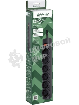 Сетевой фильтр Defender DFS 153 3 м, черный, 6 розеток
