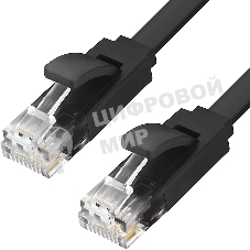 Патч-корд Greenconnect плоский прямой PROF 15.0m UTP медь, cat.6, черный, позолоченные контакты, 30 AWG, Premium ethernet high speed 10 Гбит/с, RJ45, T568B (GCR-LNC616-15.0m)