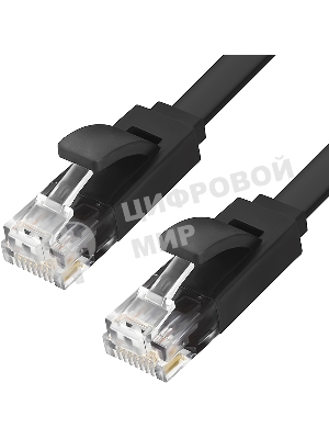 Патч-корд Greenconnect плоский прямой PROF 15.0m UTP медь, cat.6, черный, позолоченные контакты, 30 AWG, Premium ethernet high speed 10 Гбит/с, RJ45, T568B (GCR-LNC616-15.0m)