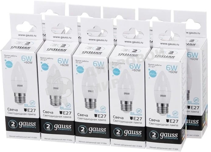 Лампа светодиодная Gauss Elementary 6Вт цок.: E27 свеча 220B 4100K св. свеч. белый ней. C37 (упак.: 10 шт)