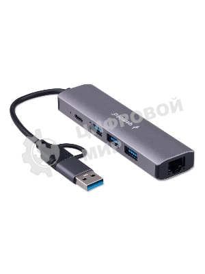 Концентратор USB Type-C + USB Gembird UHB-D7 5в1: 3хUSB3.1, Type-C, RJ45, кабель 17см, алюминий