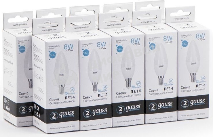 Лампа светодиодная Gauss Elementary 8Вт цок.: E14 свеча 220B 4100K св. свеч. белый. ней. С35 (упак.: 10 шт)