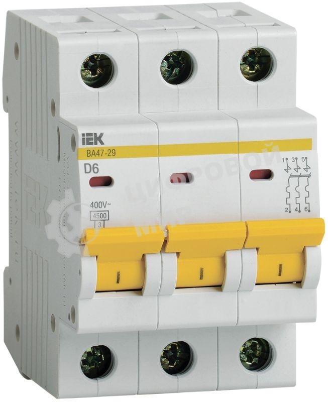 Выключатель автоматический модульный 3п D 6А 4.5кА ВА47-29 IEK MVA20-3-006-D