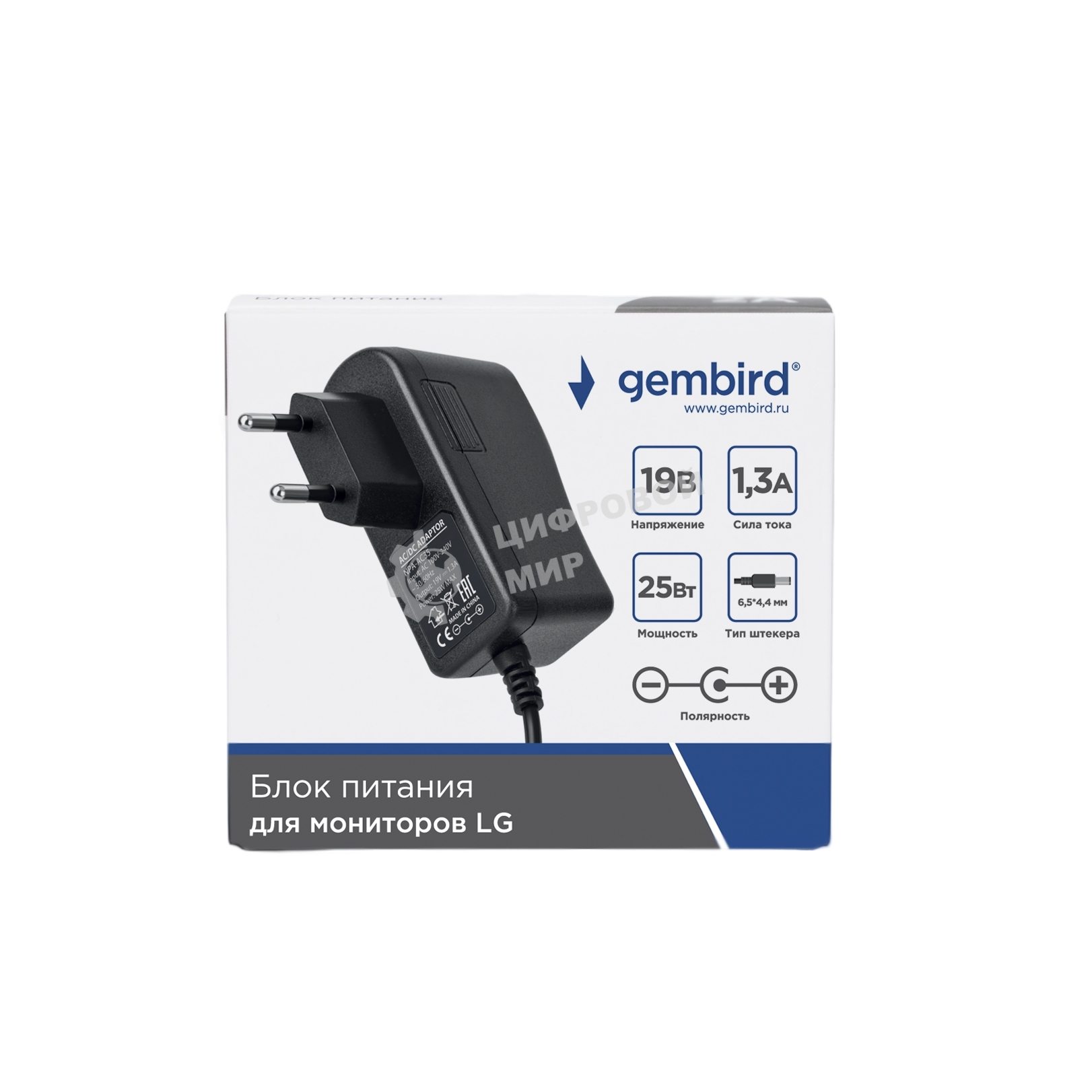 Блок питания Gembird NPA-AC35, 19В/1.3А, 25Вт, 1 штекер 6.5х4.4мм для мониторов LG, черный