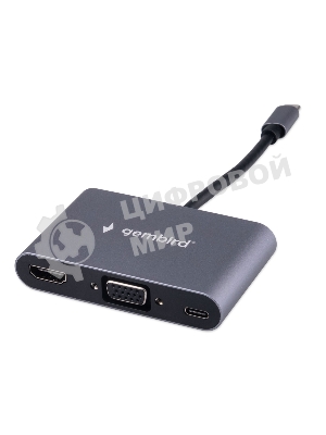 Концентратор USB Type-C Gembird UHB-D8 5в1: USB3.1, PD100W, Jack3,5, HDMI, VGA, кабель 10 см, алюминий