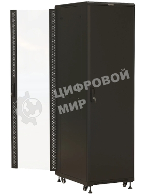 Шкаф серверный Hyperline (TTbR-4261-AS-RAL9004) напольный 42U 600x1000мм пер.дв.стекл задн.дв.спл.стал.лист 2 бок.пан. 800кг черный 910мм 2055мм IP20 сталь