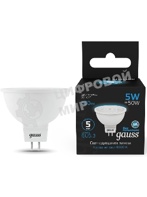 Лампа светодиодная Gauss 101505305 5Вт цок.: GU5.3 рефлек. 220B 6500K св. свеч. бел. хол. (упак.: 10 шт)
