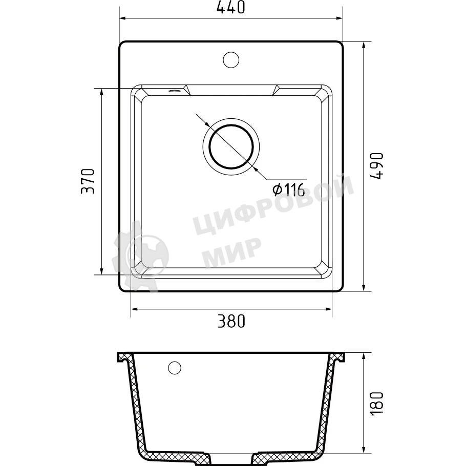 Мойка GRANFEST URBAN 644 1-чаша 440x490мм, монтаж: врезной, материал: кварц, серый