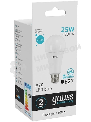 Лампа светодиодная Gauss Elementary 25Вт цок.: E27 груша 220B 4100K св. свеч. белый ней. A67 (упак.: 10 шт)