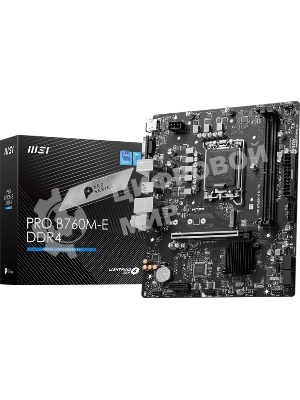 Материнская плата MSI PRO B760M-E DDR4, LGA 1700, Intel B760, 2xDDR4, 4xSATA, 1xM.2, 1xPCIe 4.0 x16, 1xPCIe 4.0 x1, 1xHDMI, 1xVGA, 1x1Gb LAN, 2xUSB-A 3.2 Gen 1, 4xUSB-A 2.0, 3x3.5 мм, 7.1, mATX