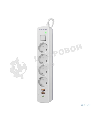 Удлинитель с сетевым фильтром Defender DFS 143, белый, 4розетки, USB+TypeC, 3 м.