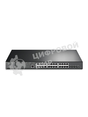 Коммутатор TP-Link 24-port Gigabit Managed PoE switch with 4 10G SFP+ ports, support 802.3af/at PoE, 1 console port, 19-inch rack mount, support L2/L2+ features.