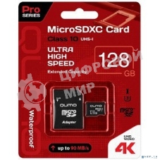 Флеш карта QUMO MicroSDXC 128 Gb 90/70 МБ/с UHS-I U3, Pro seria 3.0 , адаптер в комплекте SD, красная картонная упаковка